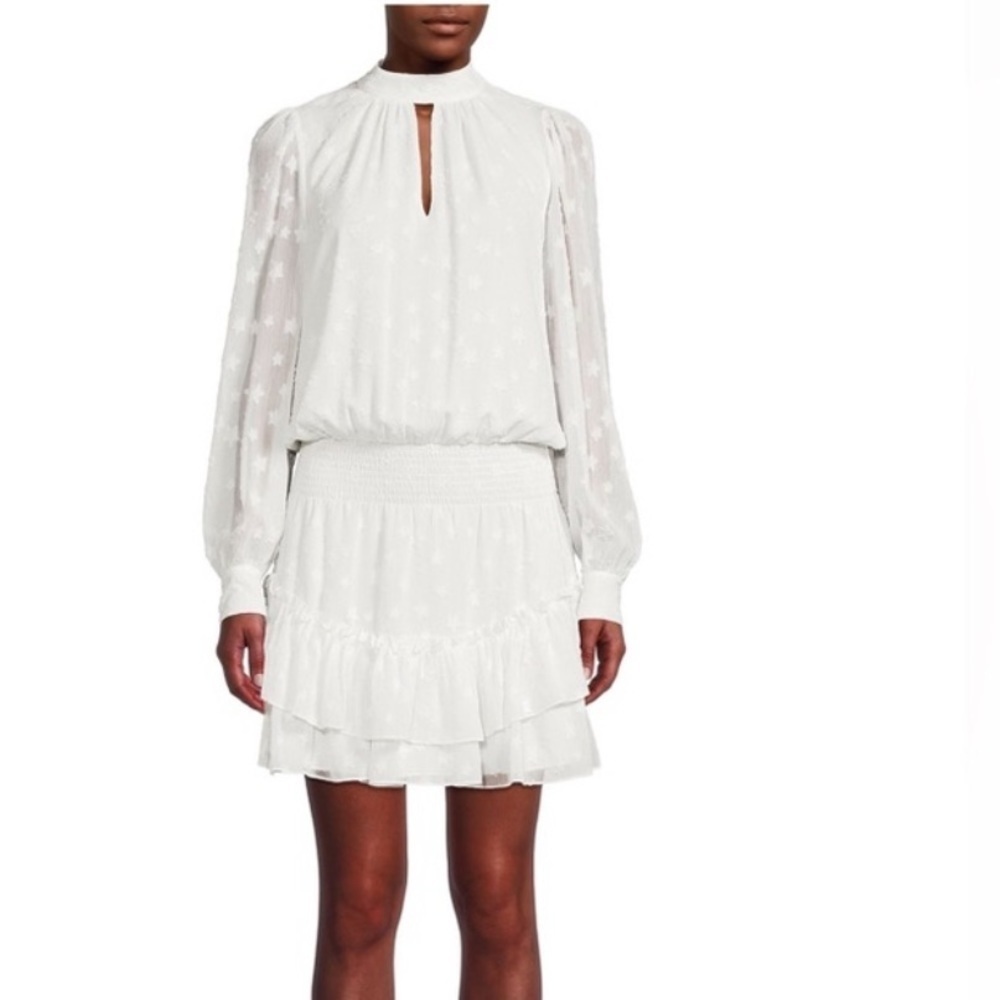 Ramy Brook White Star Print Long Sleeve Lined Dress Large Sashah Ruffle large